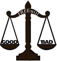 Judicial scale labelled free will balancing good and bad.