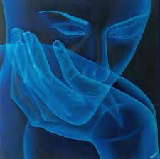 This is a modern art characterization in blue of a person thinking with their chin in their hand.