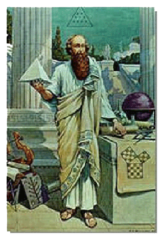 This is a portrayal of Pythagorus holding a pyramid and surrounded by mathematical symbols. 