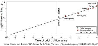 This graph produced by Sharov and Gordon demonstrates their conclusion, through the application of Moore's law, that life began before the earth. 