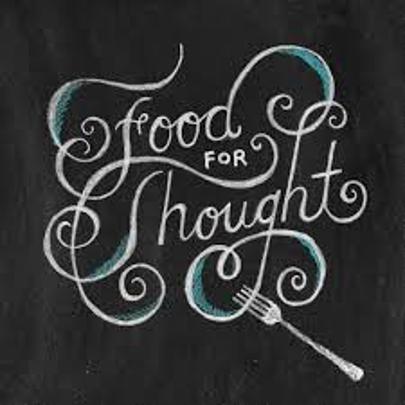 The cursive sign with a fork at the bottom reads: Food for Thought 