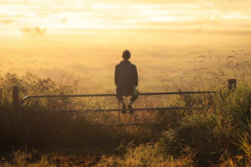 This is a photo of someone sitting on a rail fence looking out over a vast field to the horizon.